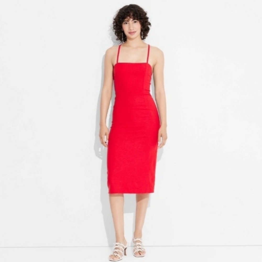 Wild Fable Linen Rayon Blend Lace Up Red Square Neck Midi Plus 28/4X Dress